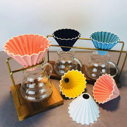 Ceramic Coffee Dripper Pour Over Coffee Maker with Wood Stand Elegant Flower Shape V60 Filter (black)