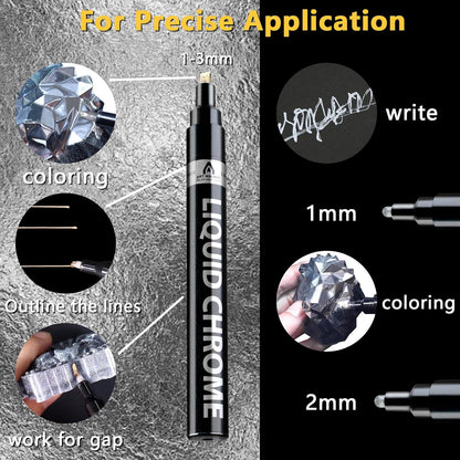 Renfio Silver Chrome Paint Markers, 4Pcs Silver Liquid Chrome Metallic Markers Mirror Repair Liquid Metallic Resin Pen for Epoxy Resin Repairing Model Painting Resin DIY Craft Coloring (1-3mm)