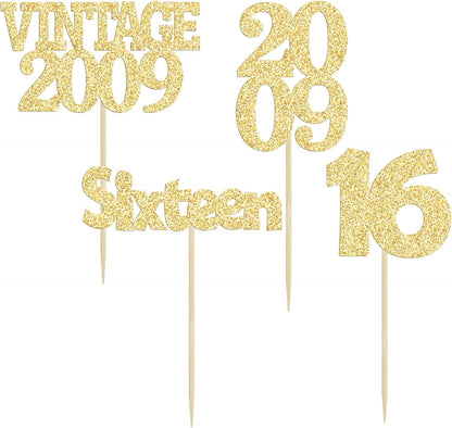 Gyufise 24Pcs Sweet 16 Cupcake Toppers Glitter Sixteen Vintage 2009 16th Birthday Cupcake Picks Hello 16 Years Birthday Cake Decorations for Happy 16th Anniversary Party Supplies Gold