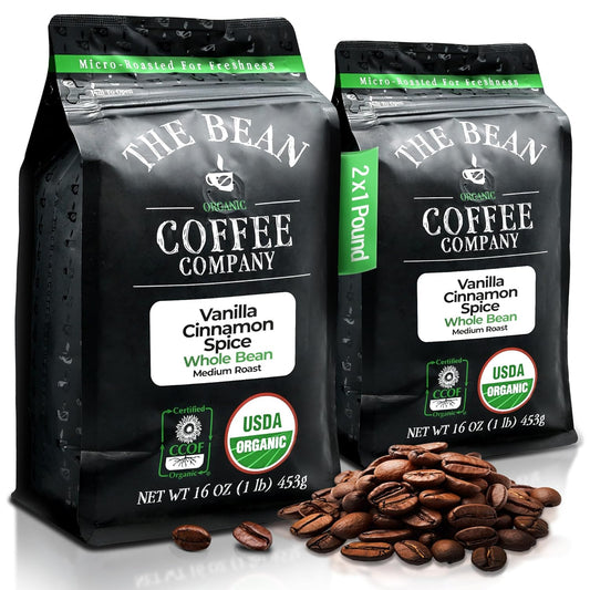 The Bean Organic Coffee Company Holiday Bean (Vanilla Cinnamon Spice), Medium Roast, Whole Bean Coffee, 16-Ounce Bags (Pack of 2)