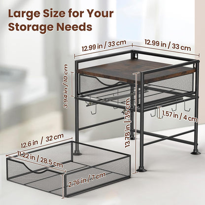 Coffee Bar Organizer Countertop, 2 Tier Mug Cup Holder Stand with 10 Hooks, 60 K Cup Coffee Pod Drawer with Mug Rack, Multifunctional Shelf Organizer for Kitchen, Vintage Brown