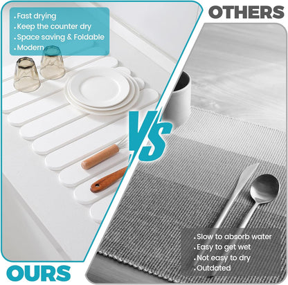 Extral Large Quick Dry Stone Drying Mat for Kitchen Counter,24"(L)x16"(W) Collapsible Eco-Friendly Absorbent Diatomaceous Earth Mat for Dishes Cups,Dish Drying Mats (White-Ellipse, 24x16 inch)