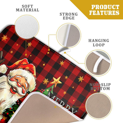 Merry Christmas Santa Claus Red Buffalo Plaid Dish Drying Mat for Kitchen Counter,Winter Snowflake Xmas Tree Drying Mat 16 x 18 Inch with Absorbent Reversible Microfiber Dish Drying Pad for Coffee Bar