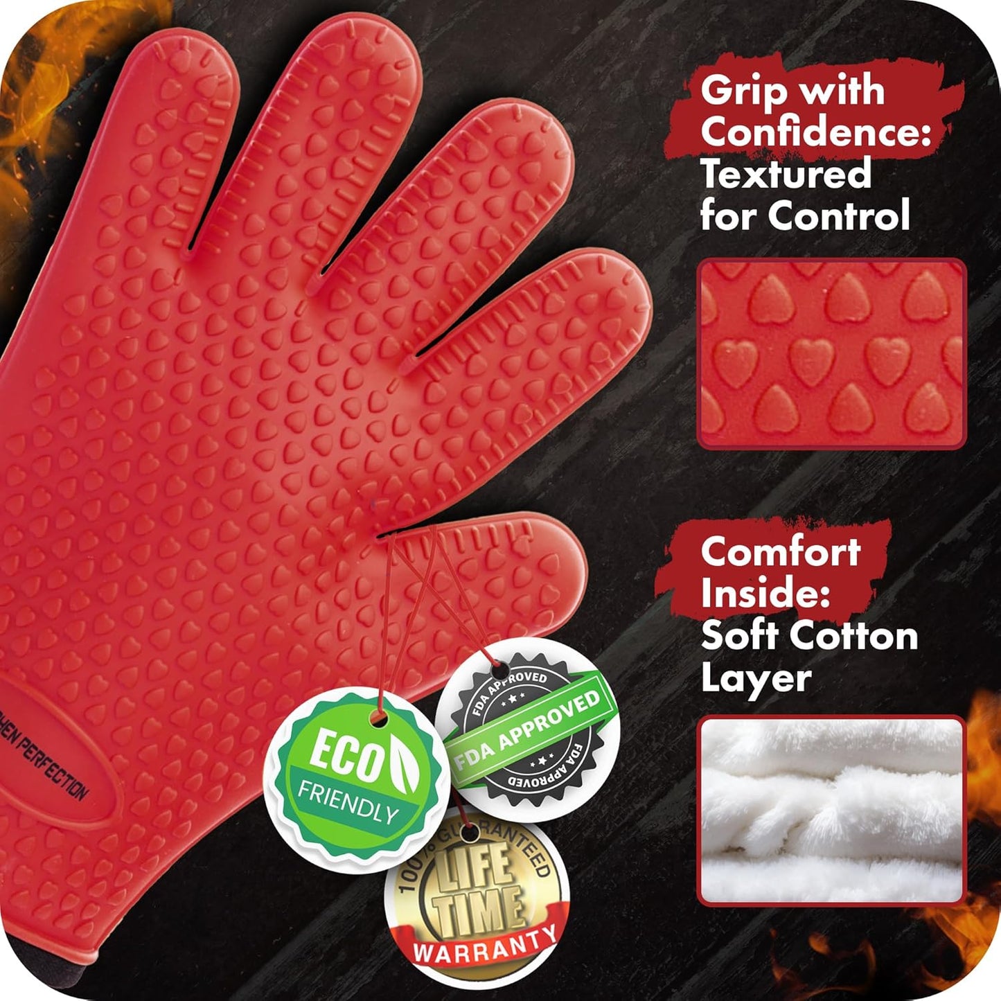 KITCHEN PERFECTION Silicone Smoker Oven Gloves -Extreme Heat Resistant BBQ Gloves -Handle Hot Food Right on Your Grill Fryer&Pit|Waterproof Grilling Cooking Baking Mitts|Superior Value Set +3 Bonuses