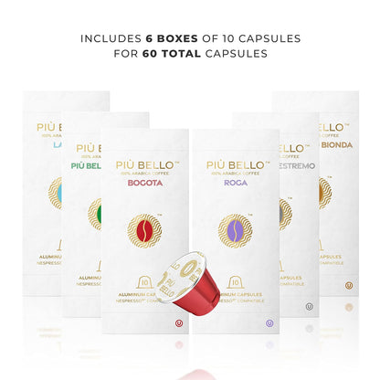 Piu Bello Espresso Coffee Pods for Nespresso Original Machines – Variety Pack – Light Roast, Dark Roast, Chocolate, Nuts, Caramel – Rich & Balanced Taste, Kosher (6-Flavor Multipack, 60 Count)