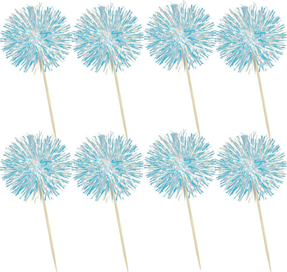 Ephlyn 30Pcs Foil Firework Cupcake Toppers Party Birthday Cake Toppers Supplies Sparkle Tinsel Cocktail Fruit Toothpick for Birthday Wedding Graduation Party Blue
