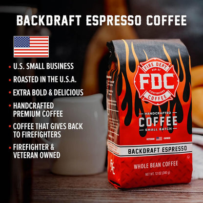 Fire Department Coffee - Gives Back to Firefighters - Backdraft Espresso Coffee Beans - Smooth & Rich - Roasted in the USA - Premium Espresso Beans - Veteran Owned - 12 oz
