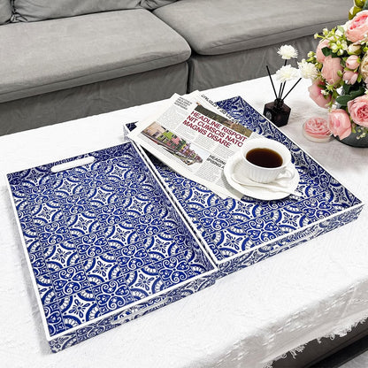 2 Pack Serving Tray with Handles, Rectangular Decorative Trays for Coffee Table, Modern Blue Plastic Ottoman Tray for Living Room, Bathroom, Kitchen, Decor, (Boho Blue)