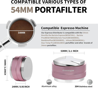54mm Coffee Distributor and Tamper,Dual Head Coffee Leveler Fits for Breville 54mm Portafilter,Professional Espresso Hand Tamper.(Light pink)
