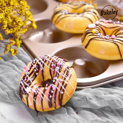 Donut Pan Cake Mold, 6-Cavity Non-Stick Ring Doughnut Bakeware for Oven Baking (Champagne Gold)
