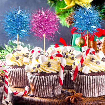 Chinco 100 Pcs Foil Firework Cupcake Toppers Sparkle Tinsel Cake Toppers Cake Decoration Cocktail Fruit Toothpick for Birthday Wedding Graduation Party(Pink, Light Blue)