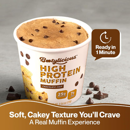 Bootylicious | High-Protein Muffin | 25g Protein, 7g Net Carbs, 1.86-1.76oz Cup, 12-Pack (Chocolate Chip)