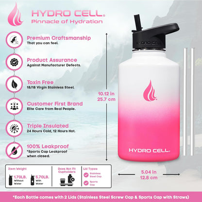 HYDRO CELL Stainless Steel Insulated Water Bottle with Straw - For Cold & Hot Drinks - Metal Vacuum Flask with Screw Cap and Modern Leakproof Sport Thermos for Adults (White/Pink 64oz)