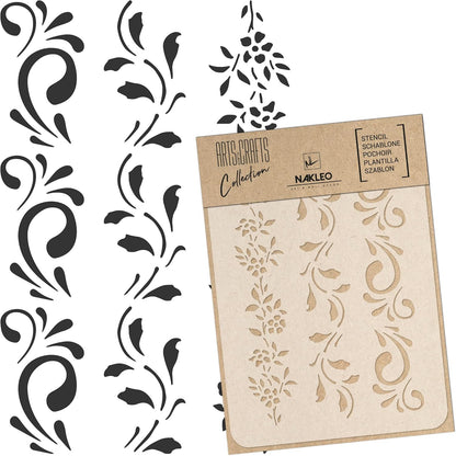 NAKLEO Painting Stencil for Crafts A3 11.8” x 16.5”, Border Flower Plant Pattern, Reusable Plastic DIY & Scrapbooking Drawing Template, Decoupage Art Home Decor, Wall Wood Fabric Furniture