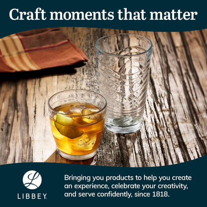 Libbey Orbita Tumbler and Rock Glass Set, Durable, Chip-Resistant Glass Cups Set with Wave Pattern, Glasses Drinking Set of 16 for Any Occasion