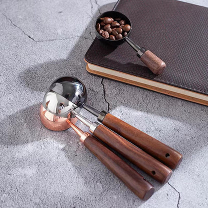 Vintage Coffee Measuring Spoon - 304 Stainless Steel, Coffee Scoop，10g Capacity, Walnut Handle - Perfect for Coffee, Tea, and More (Rose Gold（2pcs）)