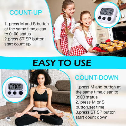 Leumoi 24 Pcs Digital Kitchen Timers Magnetic Back Timers Bulk Large Screen Loud Alarm On/Off Switch Minute Second Count up Countdown Memory Setting for Cooking Classroom Exercise (White and Black)