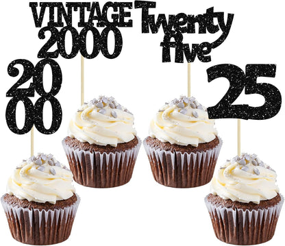 Gyufise 24Pcs 25th Birthday Cupcake Toppers Glitter Twenty-five Vintage 2000 Cheers to 25 Cupcake Picks Hello 25 Years Birthday Cake Decoration for Happy 25th Birthday Anniversary Party Supplies Black