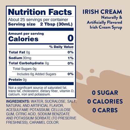 Jordan's Skinny Syrups Sugar Free Coffee Syrup, Irish Cream Flavor Drink Mix, Zero Calorie Flavoring for Lattes, Protein Shake, Food & More, Gluten Free, Keto Friendly, 25.4 Fl Oz, 2 Pack