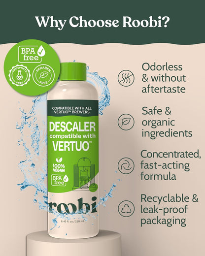 Nespresso Vertuo Compatible Descaling Solution. Eco-Friendly Formula to Clean & Descale Your Nespresso Vertuoline Machine. 2 Uses per Bottle, 2 Pack. Carbon Neutral Vertuo Descaling Kit.
