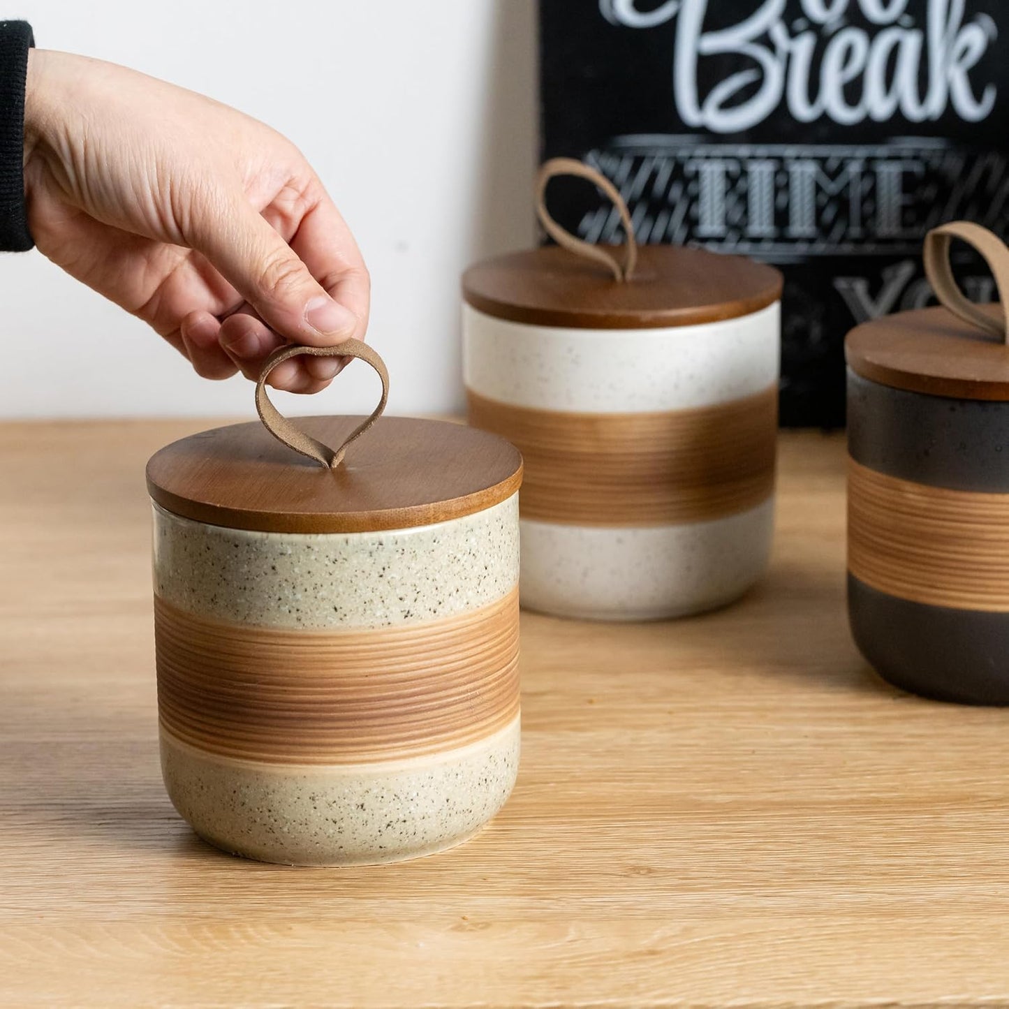 Ceramic Jar with Lid Airtight, Coffee Container Kitchen Food Storage Jars for Spice Sugar Tea Bag, Stackable Decorative Jars for Countertop, 18 fl.oz