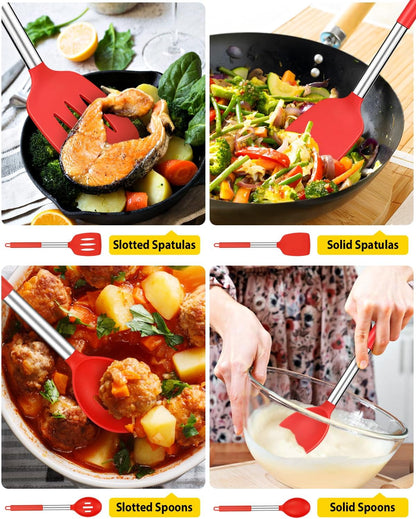Pack of 4 Silicone Cooking Utensils Set, Non Stick Large Solid Spatulas, Heat Resistant Slotted Spoons, Ideal BPA Free Kitchen Turners for Frying, Mixing,Serving,Draining,Turning,Stirring (RED)