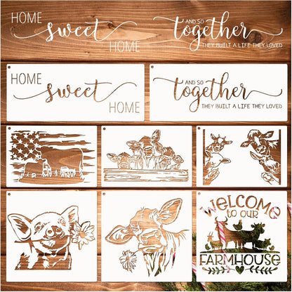 Farmhouse Stencils, Reusable Cow Pig Farm Stencils Wood Burning Country Farm Animal Paint Stencils for Painting on Wood DIY Craft Furniture Wall Sign Fabric Decors