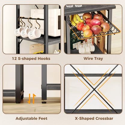 SUPERJARE Large Bakers Rack with Power Outlets, 6-Tier Microwave Stand, Coffee Bar with 12 S-Shaped Hooks, Kitchen Shelf with Wire Basket, 39.3 x 15.5 x 66.9 Inches, Charcoal Gray