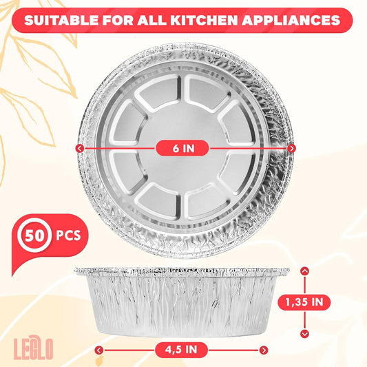 Round Foil Cake Pans – 50 Pack 6-Inch Reusable Aluminum Baking Pans | Stackable, Durable & Grease-Resistant | Great for Tarts, Baking, Cheesecakes, Catering, Meal Prep, Takeout, Freezer & Storage Use