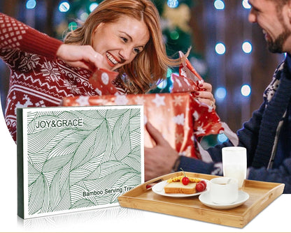 Joy&Grace Bamboo Serving Tray with Handles, Dinner Food Tray for Bed Breakfast Eating and Serving, for Coffee Table Ottoman TV, Decorative Wood Large Charcuterie Platter 16.8 x 12.5 inch 1 Pack