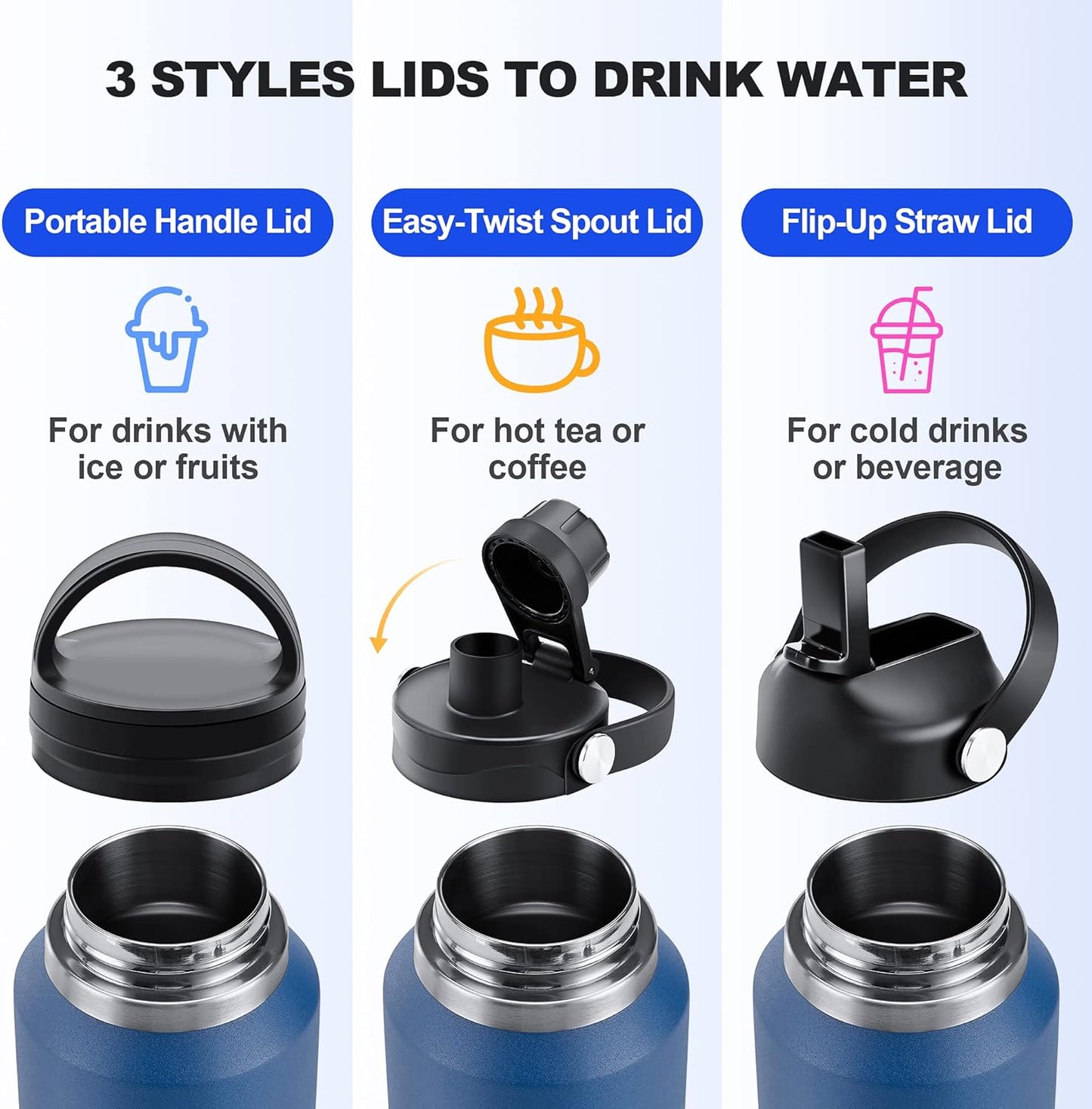 HYDROWION 40 oz Insulated Water Bottle with Straw fit in Car Cup Holder(Cold 48 hrs, Hot 24 hrs) Drinking Bottle with Straw Lid, Spout Lid and Flex Cap Leakproof Travel Thermo Mug，Black