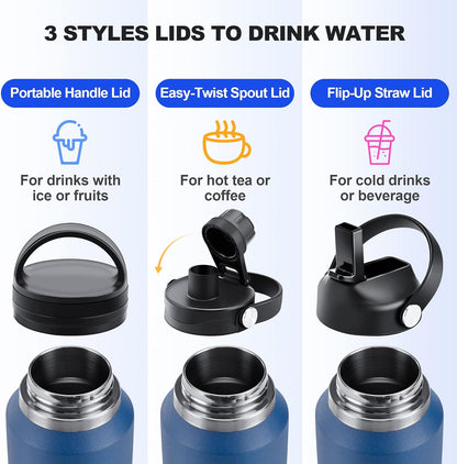 HYDROWION Stainless Steel Water Bottles,Insulated Water Bottle 40 oz (Cold 48 hrs, Hot 24 hrs), Water Tumbler with Leak Proof Straw Lid, Spout Lid and Flex Cap,Double Wall Travel Tumbler Cup, Mint