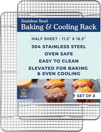 Ultra Cuisine Stainless Steel Cooling Rack & Aluminum Baking Pan Set - Professional Quality, Fits Half Sheet Pans - Cookie Sheet for Baking - 11.5"x16.5" Rack, 18"x13" Pan