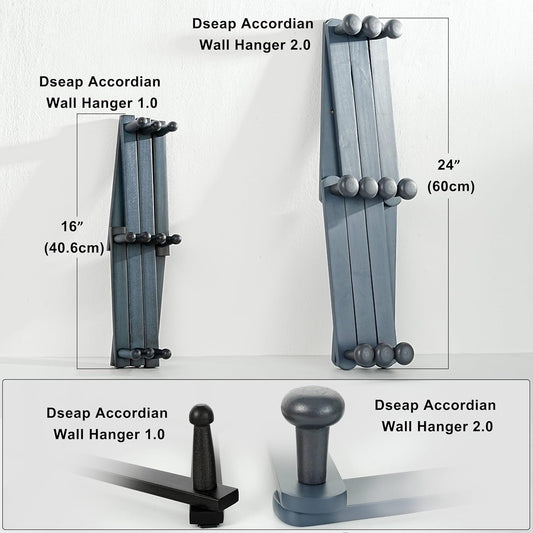 Dseap Expandable Coat Rack (Larger Version) - 24” High, Anti-Slip, Ultra Heavy Duty Wooden Accordian Wall Hanger with 10 Study Peg Hooks for Clothing Hats Jackets Bags, Grey