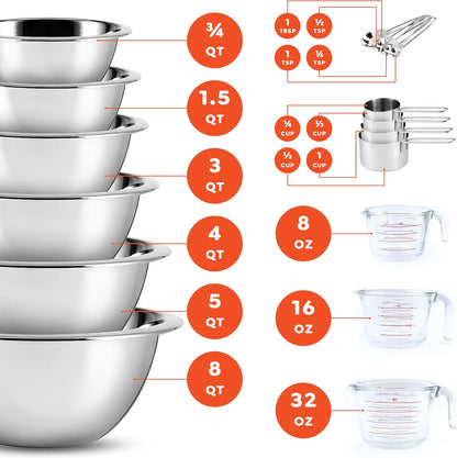 Eatex Mixing Bowls with Measuring Cups & Measuring Spoons 17 Piece Set - Nesting Stainless Steel Mixing Bowls Set for Kitchen, Measuring Spoons & Glass Liquid Measuring Cups, Dishwasher Safe Meal Prep