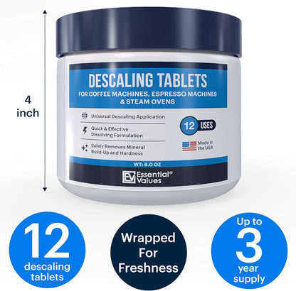 Essential Values Descaling Tablets (12 Count/Up to 12 Uses) for Jura, Miele, Bosch, Tassimo Espresso Machines and Miele Steam Ovens (1 Pack)
