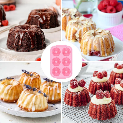 Mini Bundt Cake Pans for Baking, Silicone 6-Cavity Fluted Tube Cake Pan with Metal Reinforced Frame, Nonstick Baking Molds for Cupcake, Brownie, Donuts, Cornbread, Jello
