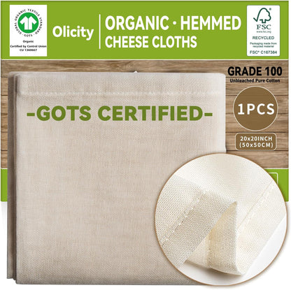 Organic Cheese Cloths, GOTS Certified, Grade 100,20x20Inch Hemmed Cheese Cloth Reusable Muslin Cheesecloth for Straining, 100% Cotton Unbleached Fine Mesh Cloth Cheese Cloths for Cooking,Sushi,Juicing