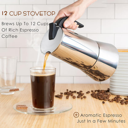 Mixpresso 12 Cup Greca Stovetop Espresso Pot 600ml/20oz, Moka Pot with Coffee Percolator Design, Stainless Steel Stove Top Coffee Maker for Camping or Home Use,Italian Stovetop Espresso Maker