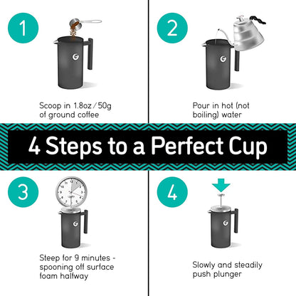Coffee Gator French Press Coffee Maker 34oz, Double Insulated Stainless Steel Brewer plus Travel Jar Canister, Portable Hot Cold Brew Tea Cafetera for Coffee Bar Accessories Kitchen Camping, Black