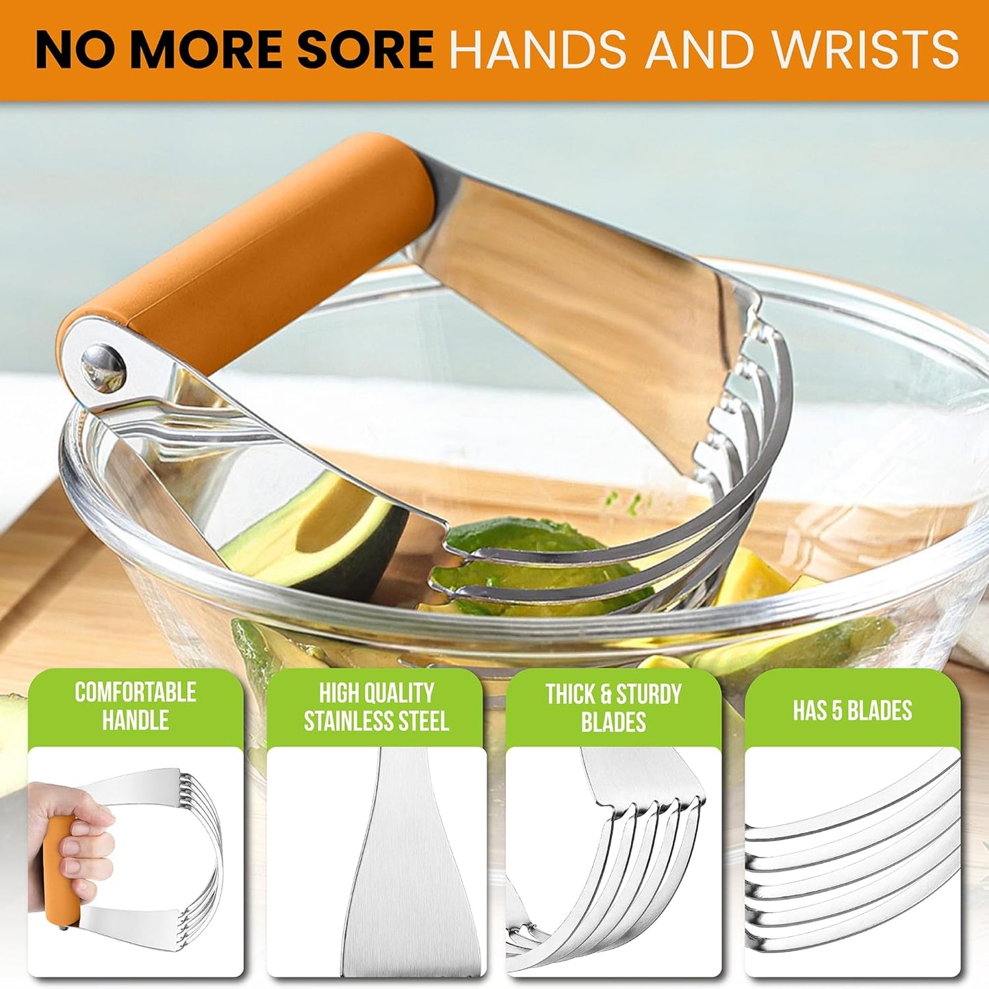 Spring Chef Large Dough Blender For Baking, Professional Dough Cutter Tool, Stainless Steel Puff Pastry Cutter Tool with Sharp Blades, Manual Pastry Blender for Easy Mixing - Dishwasher Safe - Mango
