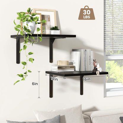 Fun Memories Floating Shelves for Wall, 12 Inch Deep Floating Shelves Set of 2, Wall Mounted Shelf with Metal Brackets, Rustic Wood Wide Shelf for Bathroom, Kitchen and Living Room, Black, 16W x 12D