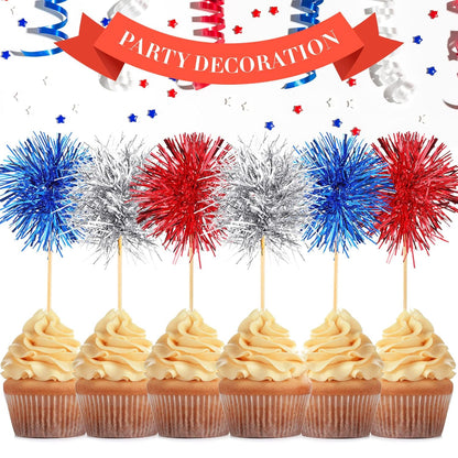 Chinco 100 Pcs Foil Firework Cupcake Toppers Sparkle Tinsel Cake Toppers Cake Decoration Cocktail Fruit Toothpick for Birthday Wedding Graduation Party(Silver, Red, Blue)
