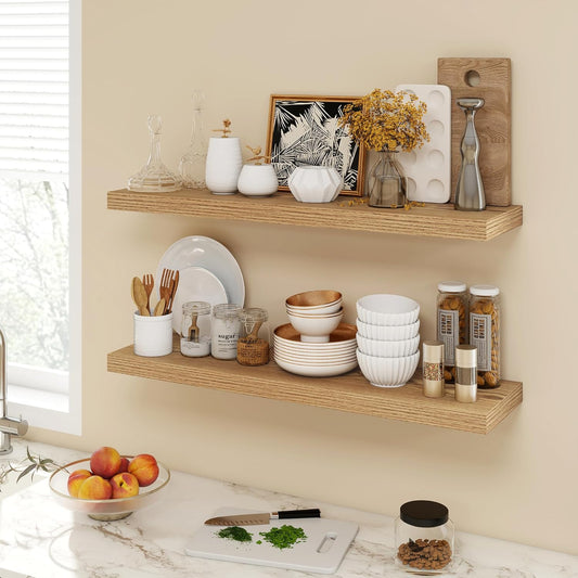 36 Inch Floating Shelves, 9.3" Deep Floating Shelf Wall Mounted, 36" Wall Shelves, Rustic Deep Bookshelf, Large Display Shelves & Storage Shelves for Bedroom, Living Room, Light Brown, Set of 2