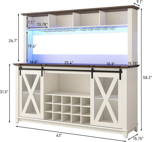 63"Wide 58"H Farmhouse Coffee Bar Cabinet with LED Light,Wine Bar Cabinet w/ 4 Storage Hutch,Kitchen Buffet Cabinet w/Sliding Barn Door & 15 Wine and Glass Racks for Kitchen Dining Room(Antique White)