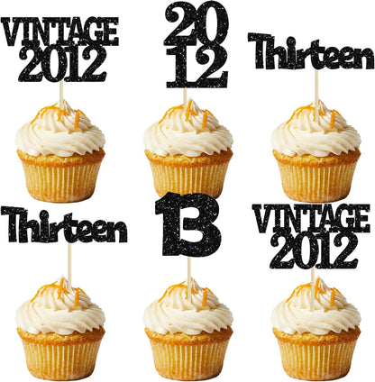 Gyufise 24Pcs 13th Birthday Cupcake Toppers Glitter Thirteen Vintage 2012 Official Teenager 13 Cupcake Picks 13 Years Birthday Cake Decorations for Happy 13th Anniversary Party Supplies Black