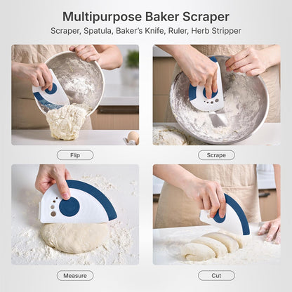 Nextrend BakerScraper – 5-in-1 Flexible Bowl Scraper, Bench Scraper and Dough Scraper with Stainless Steel Edge, Ruler & Herb Stripper – BPA Free, Dishwasher Safe - Blue