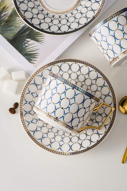 CwlwGO-European style cup and saucer set, 7 oz (about 198.4 grams) bone china exquisite glazed platinum tea cup and saucer (two sets), golden spoon, mug, cappuccino, latte, MOCHA, elegant female suit.