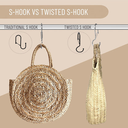 6 Purse Hanger for Closet. Tote Hanger. S-Shaped Hooks S Hooks Twist Design. Anti Drop S-Shaped Hook for hanging handbags with Safety Buckle to Prevent Falls. Heavy Duty. (Silver, Twisted)