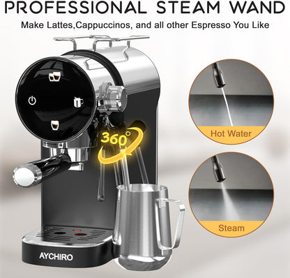 20 Bar Espresso Machine, Compact Espresso Maker with Milk Frother, Touchscreen Latte Maker with Detachable Drip Tray/Water Tank, Built-in Handle for Home and Office Use